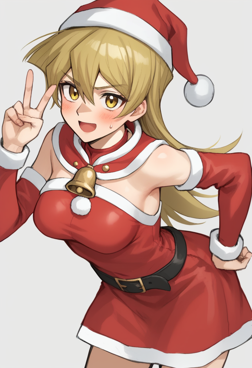 score_9,score_8_up,score_7_up,<lora:tenjouin_asuka_pony:1>,1girl,bell,belt_buckle,blonde_hair,blush,cowboy_shot,detached_sleeves,fur-trimmed_dress,fur-trimmed_headwear,fur-trimmed_sleeves,graphite_\(medium\),hair_between_eyes,hand_on_own_hip,highres,leaning_forward,long_sleeves,looking_at_viewer,medium_breasts,open_mouth,red_dress,red_hat,red_sleeves,santa_costume,santa_hat,short_dress,simple_background,sketch,sleeveless_dress,solo,standing,sweatdrop,tenjouin_asuka,v-shaped_eyebrows,very_long_hair,white_background,yellow_eyes,