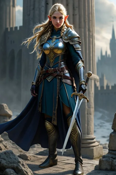 RAW photo, masterpiece, subsurface scattering, heavy shadow, high quality, intricate, high detail, professional photography, HDR, High Dynamic Range, realistic, ultra realistic, photorealistic, high resolution, film photography, ambient lighting, atmospheric effects, <lora:detail_slider_v4>, OverallDetail, <lora:FemaleWarrior:0.65>,1girl, armor, belt, blonde hair, blue eyes, blurry, blurry background, boots, braid, breastplate, cape, castle, cloak, earrings, elf, femwa, gauntlets, gloves, holding, holding sword, holding weapon, jewelry, lips, long hair, looking at viewer, medium breasts, pauldrons, pillar, shoulder armor, solo, standing, sword, weapon