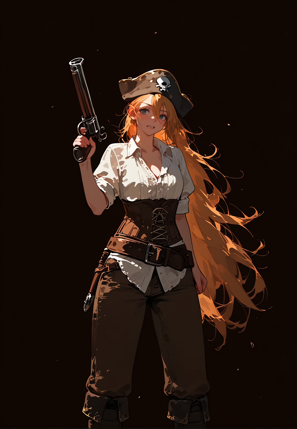 1girl,   yellow hair,  very long hair,   hair between eyes,       
BREAK  1girl, holding pistol, fighting stance,      wavy mouth,   
BREAK            parted lips,       dark fantasy, pirate, shirt, pants, corset,  excessvie cogwheels, (fantasy, medieval, ancient),       
BREAK general, masterpiece, best quality, absurdres, highres, newest, <lora:VICE_v2.0:0.85>