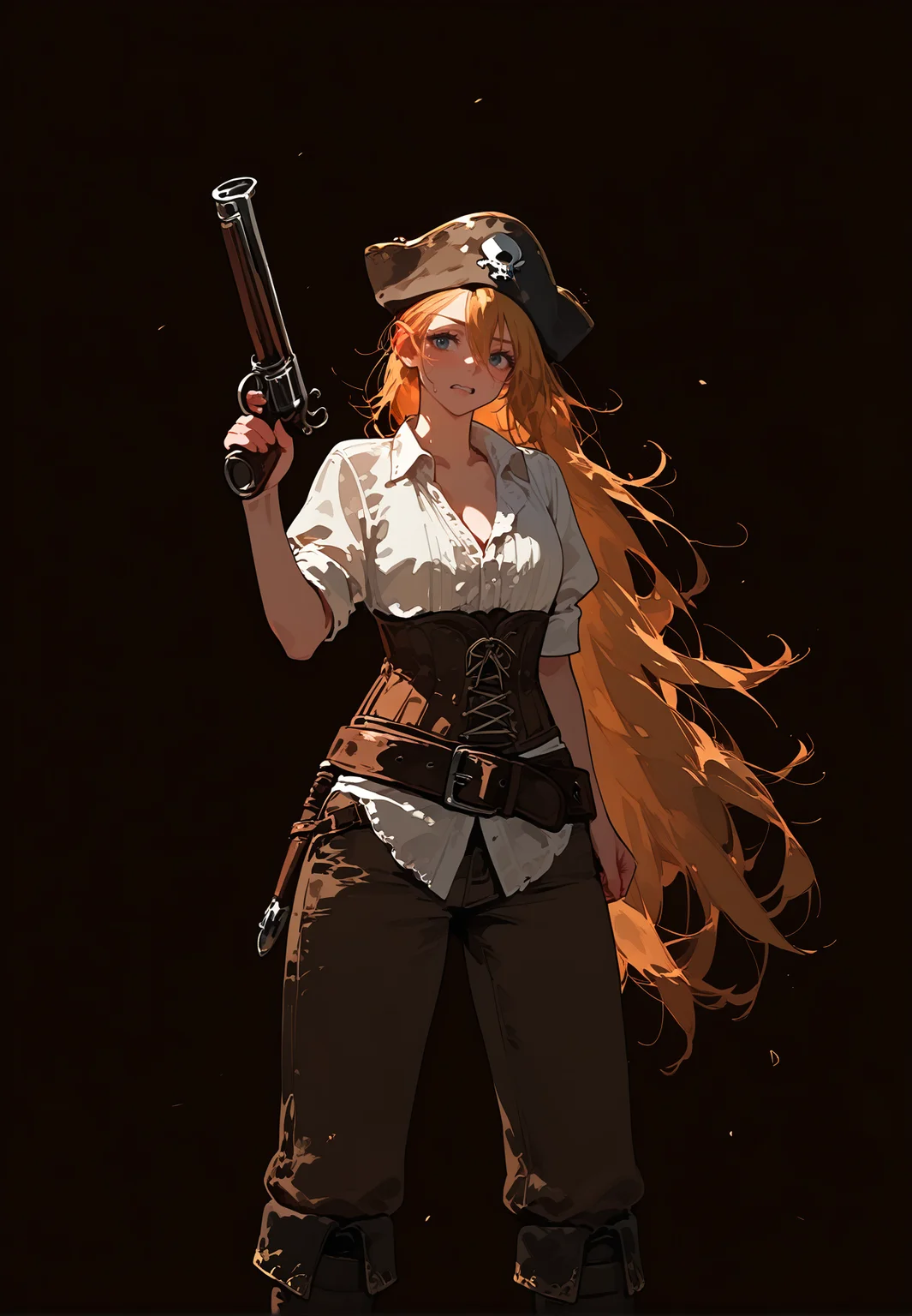 1girl, yellow hair, very long hair, hair between eyes,
BREAK 1girl, holding pistol, fighting stance, wavy mouth,
BREAK parted lips, dark fantasy, pirate, shirt, pants, corset, excessvie cogwheels, (fantasy, medieval, ancient),
BREAK general, masterpiece, best quality, absurdres, highres, newest, <lora:VICE_v2.0:0.85>