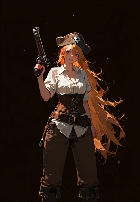 1girl,   yellow hair,  very long hair,   hair between eyes,       
BREAK  1girl, holding pistol, fighting stance,      wavy mouth,   
BREAK            parted lips,       dark fantasy, pirate, shirt, pants, corset,  excessvie cogwheels, (fantasy, medieval, ancient),       
BREAK general, masterpiece, best quality, absurdres, highres, newest, <lora:VICE_v2.0:0.85>