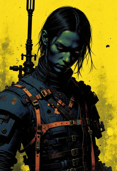 A haunting digital painting presents an extreme close-up of the face of a kuru, showcasing the subject's disturbing and unsettling nature. The kuru wears remnants of a tattered tunic with numerous straps, belts, and buckles that add to their ominous appearance. Their eyes are shaded in sadness and pain, but also exude an intense and contagious sorrow, transforming into violent and malicious intent as the viewer gazes upon them. The macabre artwork is rendered with bold colors and heavy brushstrokes that highlight every detail of the kuru's features, creating a hyper-realistic depiction of this sinister creature. The image exudes an eerie atmosphere, perfect for dark fantasy or horror genres., <lora:test2-000013-nistyle:0.8><lora:Reticulating_Noise_Gradient_Flux:0.5> Reticulating Noise Gradient, noisy, grain-shaded gradient, vibrant yellow hues, grainy, pixelated texture, filter-enhanced photograph, stylized image, monochromatic color scheme, neon yellow theme <lora:Wiz-Arcana-Spectral_Glow:0.55> spectral glow, chromatic grain, motion blur, diffuse silhouette, light leak effect, prism effect, inverted negative film, ethereal <lora:ck-greasepencil-000018:0.5> high quality fine line concept art drawing in the style of ckgp