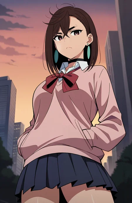 (masterpiece), (best quality), newest, (intricate details, very aesthetic), good hands, 1girl,  <lora:momo_ayase-animagine:1> ayase_wz, medium hair, brown hair, brown eyes, large breasts, chocker, red bowtie, , pink cardigan, long cardigan,  long sleeves, blue skirt, pleated skirt, miniskirt,  school uniform, earrings, collared shirt, white shirt, alternate costume, loose socks, white socks, wide shot, hands in pockets, tokyo \(city\), outdoors, sunset, from below, looking at viewer, serious, horosuke,