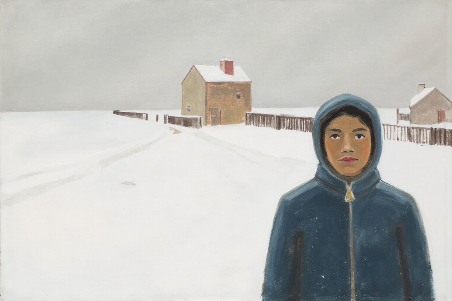 jeanpaullemieux1 painting.
A snowy landscape with a woman standing in the foreground. She is dressed in a dark blue hooded winter coat. There is a snow-covered building in the background. <lora:jeanpaullemieux1_cap_d6a3e8:1.0><lora:841083347074714726:0>