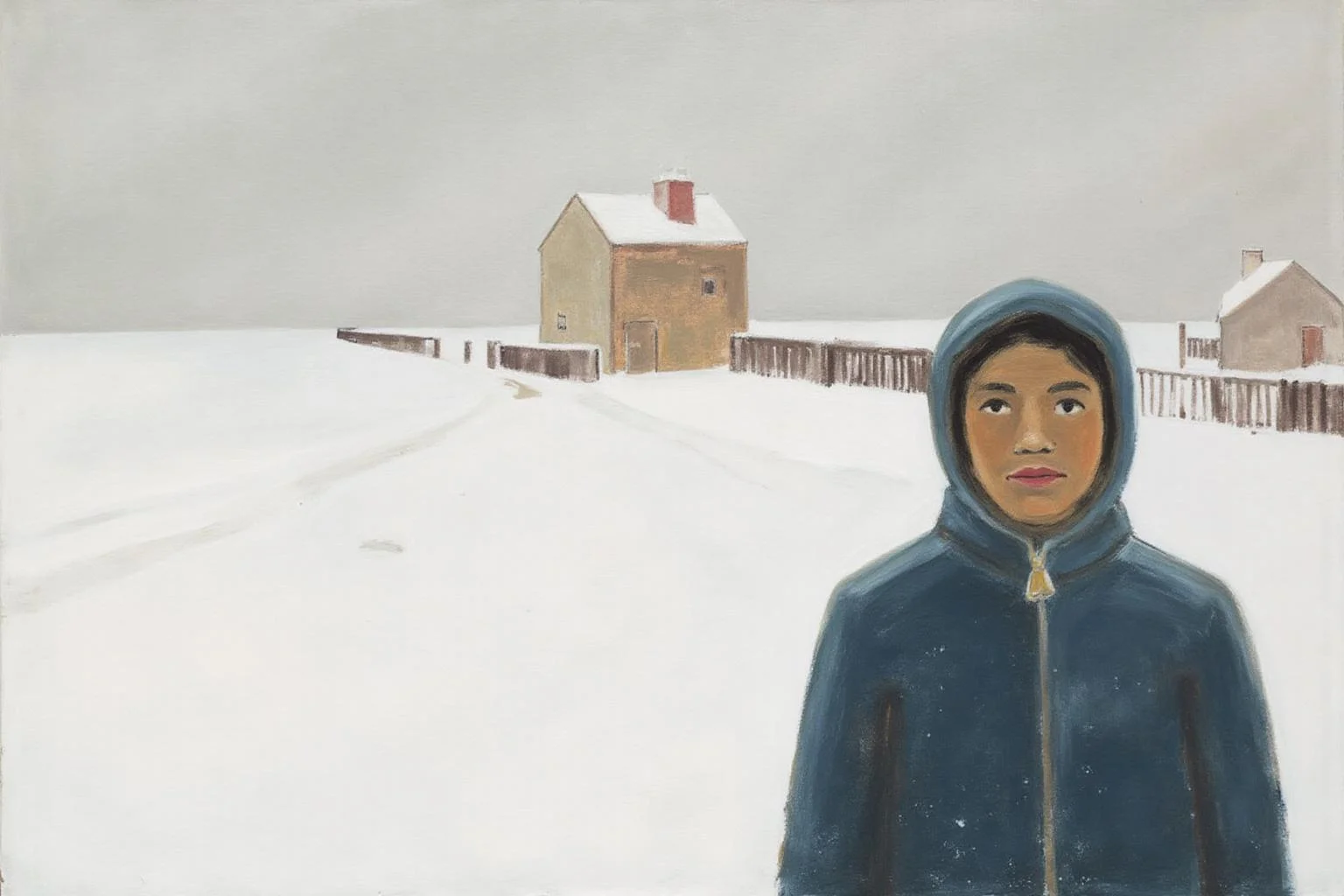jeanpaullemieux1 painting.
A snowy landscape with a woman standing in the foreground. She is dressed in a dark blue hooded winter coat. There is a snow-covered building in the background. <lora:jeanpaullemieux1_cap_d6a3e8:1.0><lora:841083347074714726:0>
