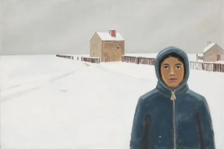 jeanpaullemieux1 painting.
A snowy landscape with a woman standing in the foreground. She is dressed in a dark blue hooded winter coat. There is a snow-covered building in the background. <lora:jeanpaullemieux1_cap_d6a3e8:1.0><lora:841083347074714726:0>