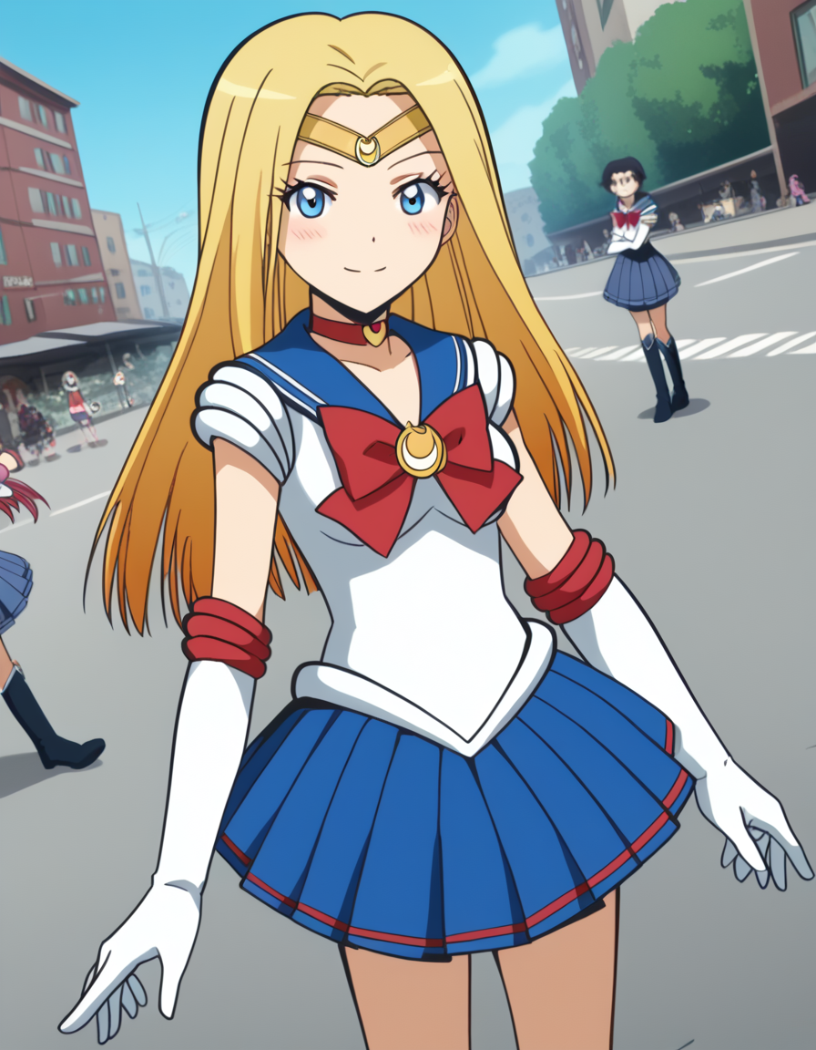 score_9, score_8_up, score_7_up, source_anime, <lora:rio-nakamura-s1s2-ponyxl-lora-nochekaiser:1>, rio nakamura, long hair, blue eyes, blonde hair, medium breasts, anime screencap,, <lora:sailor-moon-cosplay-ponyxl-lora-nochekaiser:1>, sailormooncosplay, sailor moon (cosplay), back bow, blue sailor collar, blue skirt, boots, bow, brooch, choker, crescent moon, elbow gloves, gloves, jewelry, knee boots, magical girl, pleated skirt, red bow, red choker, ribbon, sailor collar, sailor senshi uniform, skirt, white gloves,,, outdoors, streets, smile, blush, , dutch angle, cowboy shot