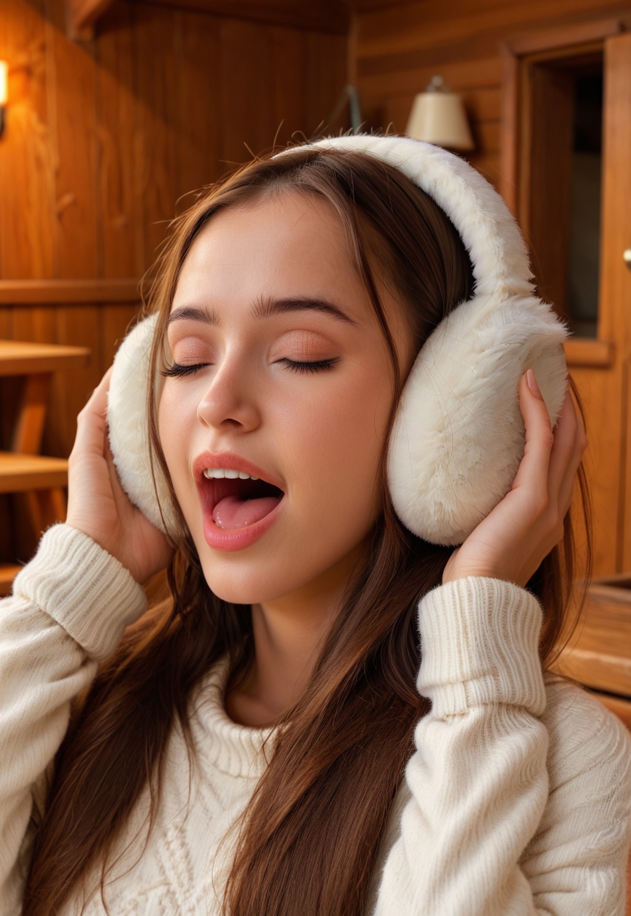 woman, brown hair, fur earmuffs, white fur earmuffs, holding earmuffs, hands on earmuffs, sweater, excited, mouth open, eyes closed, indoors, cabin,