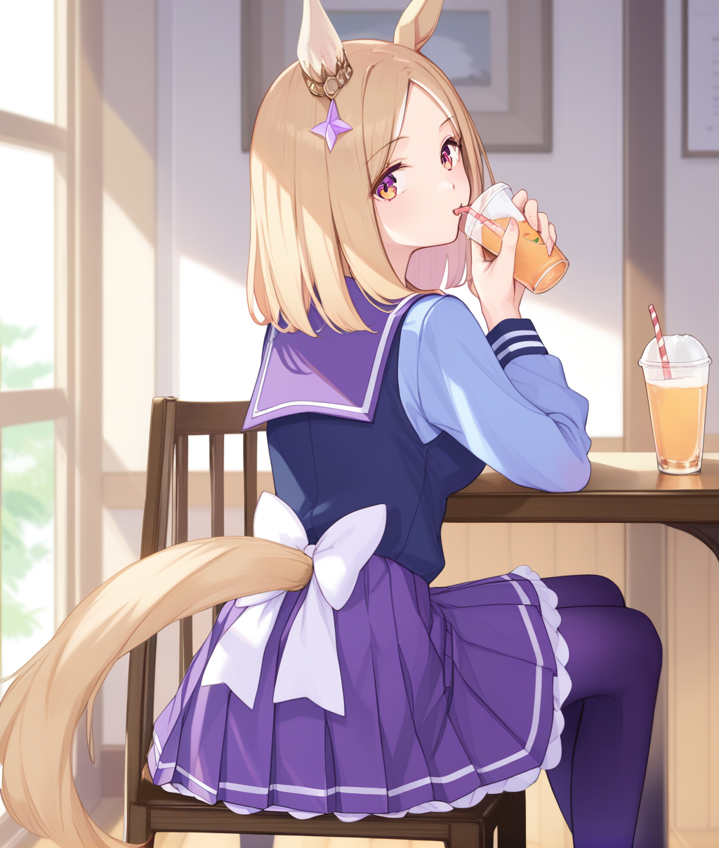 score_9, score_8_up, score_7_up BREAK
tracen_uniform, 1girl, solo, looking at viewer, bangs, skirt, blonde hair, shirt, long sleeves, bow, holding, animal ears, sitting, school uniform, tail, pantyhose, pleated skirt, serafuku, day, looking back, medium hair, sailor collar, from behind, cup, parted bangs, chair, horse ears, white bow, horse girl, holding cup, horse tail, purple skirt, drinking straw, purple shirt, drinking, purple thighhighs, <lora:Naritatoproad-ponyXL:1>, 
five fingers,