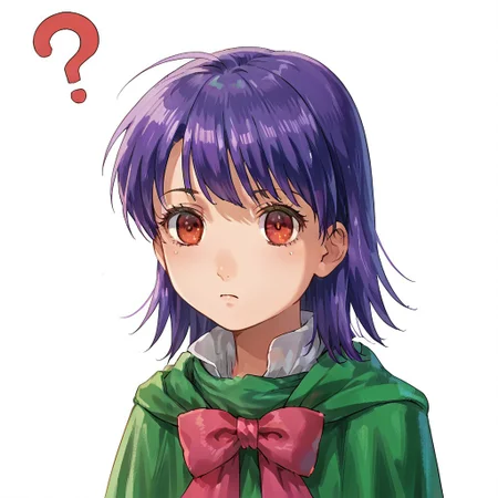 score_8, score_8_up, score_7_up, 1girl, solo, female focus, source_anime, anime screenshot, clagwimoth, confused, ?, portrait, 1girl, solo, female focus, carrie fernandez, castlevania 64, purple hair, short hair, red eyes, green capelet, pink bow,