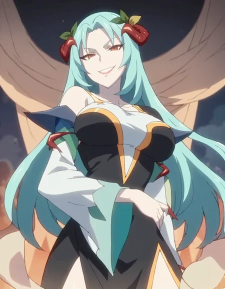 score_9, score_8_up, score_7_up, 1girl, solo, anime screencap, long hair, dress, blue hair, hair ornament, standing,large breasts, black dress, aqua hair, looking at viewer,evil smile,white skin, <lora:northa:0.9>