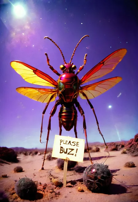 Pinhole camera image: crimson and gold giant insect with iridescent wings, standing on a purple desert alien planet, holding a sign which reads: "Please Buzz!" 
film grain, shallow depth of field
DonMG414XL , husk