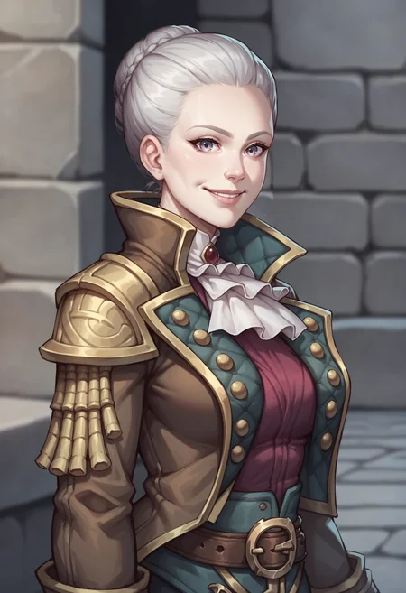 score_9, score_8_up, score_8, source_anime, 1girl, breasts, <lora:KatherineProudmoore:0.75> solo, ascot, jacket, belt, gray eyes, upper body, smile, looking at viewer, side view,
stone wall background, blurry background,