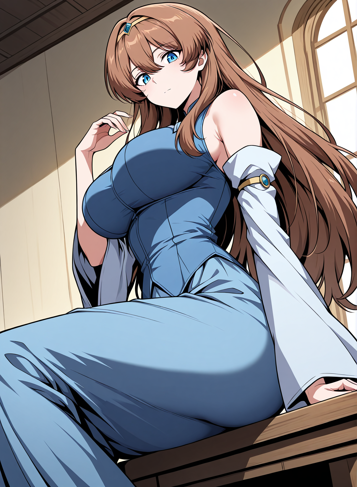 <lora:Anjac_Protesia__The_Knight_King_Who_Returned_with_a_God__Illustrious:1>
brown hair, long hair, hair between eyes, bangs, blue eyes
blue dress,  detached sleeves, hairband, skirt, long dress, wide sleeves, bare shoulders
zPDXL3, score_9_up, score_8_up, score_7_up, (Anime_source),Masterpiece,(perfect female body:1.2), small waist, (incredibly detailed:1.4), 1 girl, slim, beautiful fingers, (big breasts:1.4), ((looking at viewer)), big breasts, ass, perfect ass, sitting, from below, looking down,