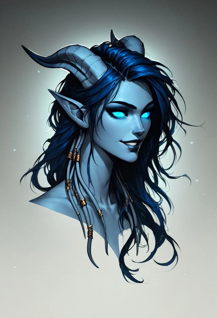 score_9, score_8_up, score_7_up, score_6_up, cinematic lighting, raw, high quality, 4k resolution, absurdres, dynamic lighting, high contrast, masterpiece, best quality,
1futanari, draenei, light blue skin, blue hair, long straight hair, blue eyes, glowing eyes, long tail,
solo, (minimalism:1.2), flat-colors, flat-shading, monochrome, (spot-color), smile, grin, head-tilt, clothed, portrait, facing-viewer, abstract-background, two-tone-background, gradient-background, detailed hair, volumetric lighting, realistic-lighting,