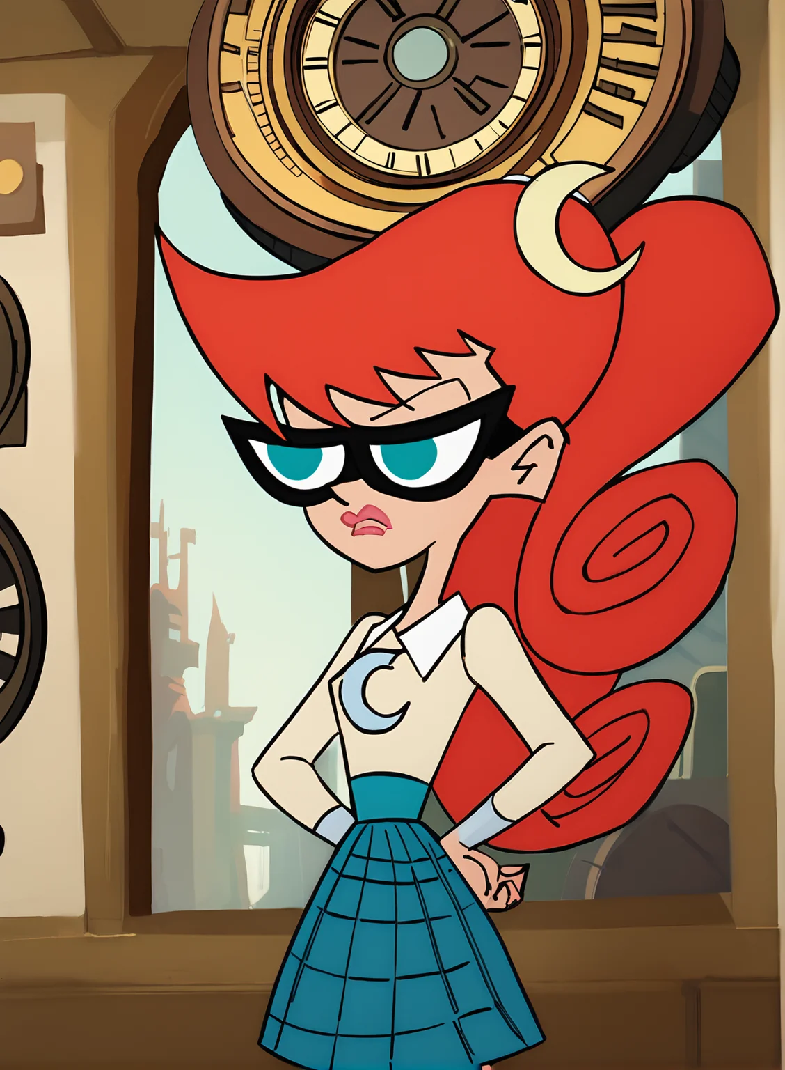 score_9,score_8_up,score_7_up,score_6_up,score_5_up, MaryTest, red hair, crescent, (straight-on), blue eyes, lips, lipstick, hair hornament, Black-Framed eyewear, ponytail, <lora:Jo001:1>, (Balayage (any color combination))(Batwing top :1.2), (Olive)(Maxi skirt), (Steampunk City with Mechanical Clock Tower :1.2), (Pretending to play with a toy train), (bored face)