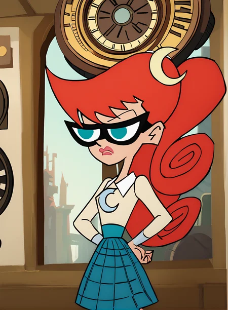 score_9,score_8_up,score_7_up,score_6_up,score_5_up, MaryTest, red hair, crescent, (straight-on), blue eyes, lips, lipstick, hair hornament, Black-Framed eyewear, ponytail, <lora:Jo001:1>, (Balayage (any color combination))(Batwing top :1.2), (Olive)(Maxi skirt), (Steampunk City with Mechanical Clock Tower :1.2), (Pretending to play with a toy train), (bored face)
