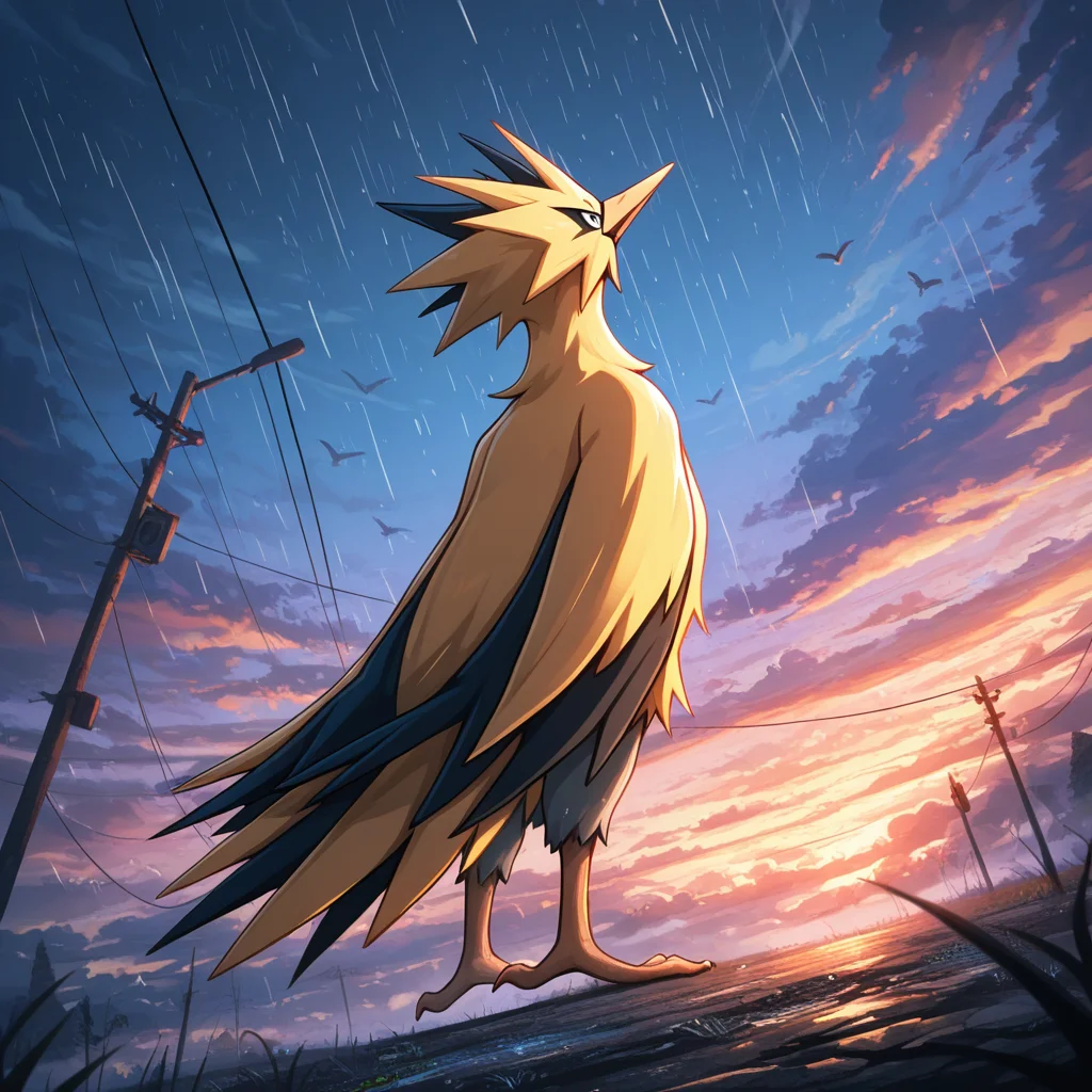 ((vibrant, detailed, detailed background, amazing quality, colorful, masterpiece, 8k, rtx)), beutiful background,
<lora:zapdos-illus-14:1> pzapb, pokemon \(creature\), bird, 1other, cloud, from below, standing, low angle, arms at side, looking up, dynamic angle, after rain, from behind,