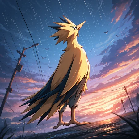 ((vibrant, detailed, detailed background, amazing quality, colorful, masterpiece, 8k, rtx)), beutiful background,
<lora:zapdos-illus-14:1> pzapb, pokemon \(creature\), bird, 1other, cloud, from below, standing, low angle, arms at side, looking up, dynamic angle, after rain, from behind,