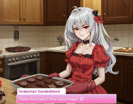 score_9, score_8_up, score_7_up, source_anime, anime screencap, baking valentines cookies, looking at viewer, blush, smile, gloves, holding, frills, food, indoors, apron, chocolate, cookie, oven mitts,
warm kitchen, heart-shaped cookies, decorated icing, soft lighting, cozy atmosphere, sweet aroma, wooden counter, mixing bowl, parchment paper, cooling rack, festive mood, pink and red decor,
sprinkles, melted chocolate drizzle, flour dusted surface, oven in background, warmth from baking, neatly arranged utensils, recipe book open, love-themed presentation, careful decoration, delicate piping,
whisk resting in bowl, soft ambient glow, lace-trimmed tablecloth, delicate floral arrangements, holiday-themed plating, chocolate-covered strawberries nearby, gift-wrapped box on the side. , Terakomari Gandesblood, Long silver hair, Red eyes, Pale skin, Elegant gothic ta style, Red ribbons in hair, Vampire fangs, Delicate facial features, Small stature, Elaborate dresses, Jeweled hair ornaments, terakomari