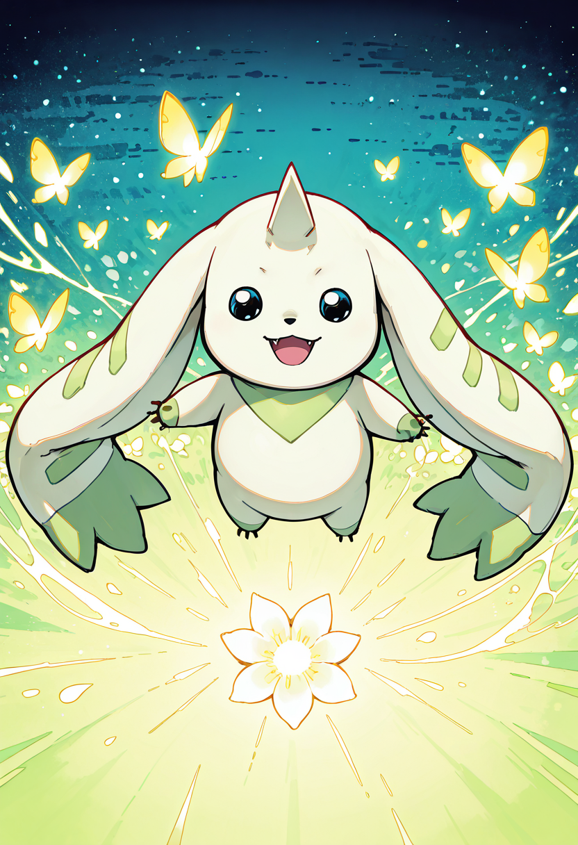 masterpiece, best quality, no humans,     zzTerriermon,  floating code, glitch butterflies, neon flowers, pixel dust, glowing petals, cyberspace garden, soft light, hovering Within a blooming garden of glowing data, zzTerriermon floats among shimmering pixelated flowers. Glitch butterflies flicker past, trailing streams of code behind them. He holds a luminous blossom in one paw, smiling faintly â a visitor to beauty coded into existence.    ,<lora:TerriermonDigimon_IXL:1.0>,