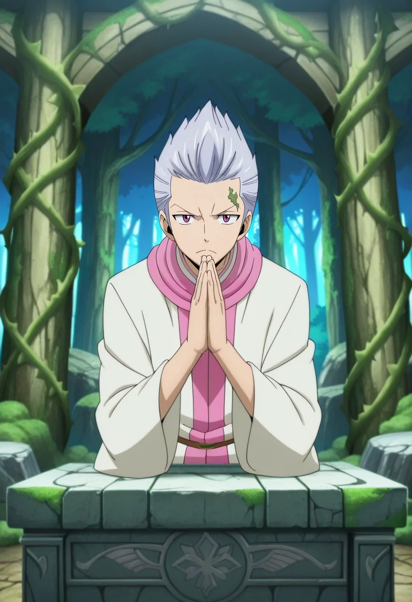 masterpiece, best quality, anime screencap, anime coloring, official style, , , 1boy, male focus, pink eyes, gray hair, quiff hairstyle,, solo, forest temple, moss walls, vine columns, stone altar, praying pose, peaceful expression, morning light, <lora:fairy_tail_style_ilxl:1>, fairy_tail_style,
