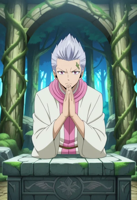 masterpiece, best quality, anime screencap, anime coloring, official style, , , 1boy, male focus, pink eyes, gray hair, quiff hairstyle,, solo, forest temple, moss walls, vine columns, stone altar, praying pose, peaceful expression, morning light, <lora:fairy_tail_style_ilxl:1>, fairy_tail_style,