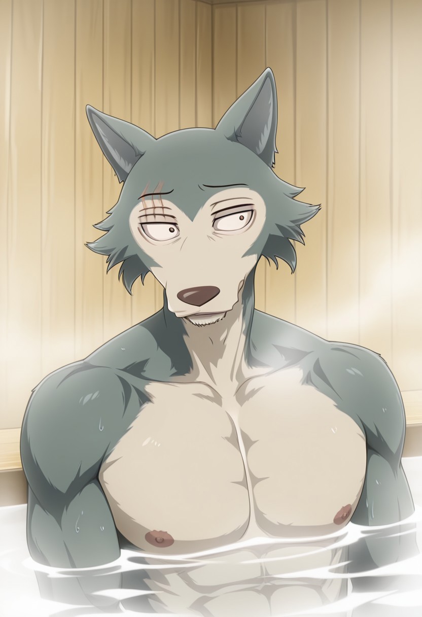 Masterpiece, best quality, high quality, detailed, male, solo male, 1boy, Legoshi, anthro, wolf, beastars, scar on right brow, mature male, animal ears, grayish blue fur, brown eyes, athletic build, indoors, topless, bath house, in water, steam, up to chest in water, lounging, relaxing, pecs, nipples, broad shoulders