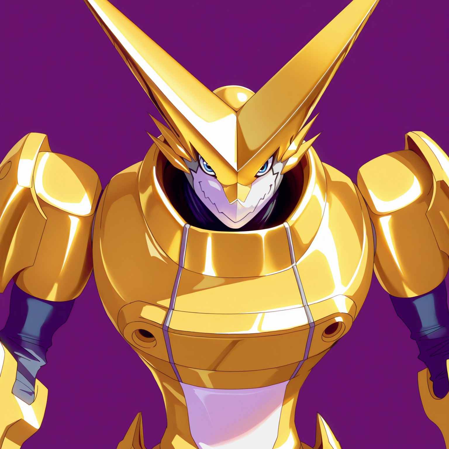 safe_pos, masterpiece, best quality, highly detailed, realistic, 1boy, solo, OmegaShoutmon, furry, anthro, scalie, wingless dragon, blue eyes, white mouth, armor, gold armor, purple background, simple background, standing, smile, looking at viewer, closed mouth, front view, upper body