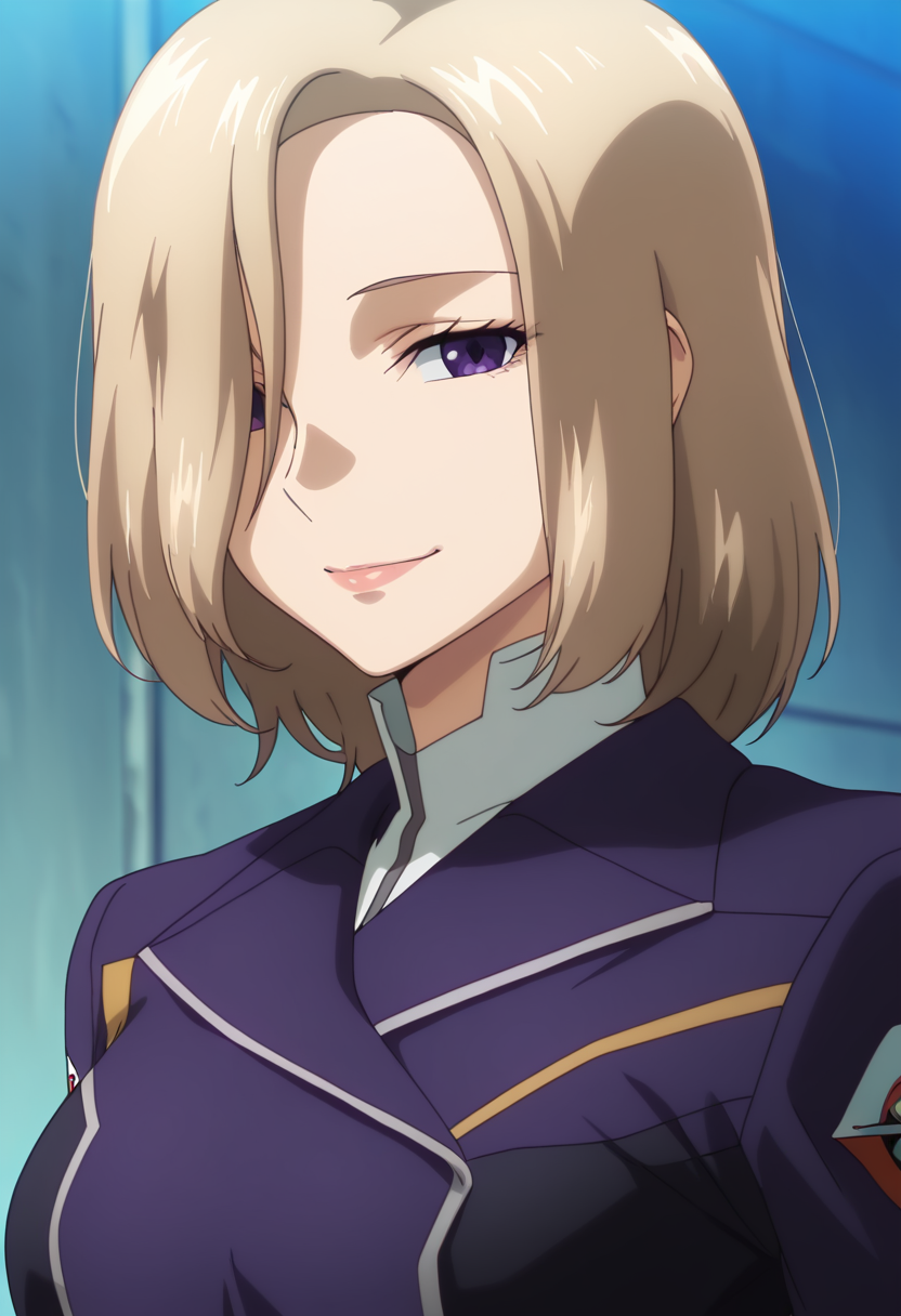 masterpiece, best quality, amazing quality, very aesthetic, absurdres, newest, illustration, perfect composition, intricate details, highres, anime coloring, general, 1girl, solo, (portrait:1.2), rinxx, mature female, purple eyes, blonde hair, short hair, hair over one eye, lips, medium breasts, rinuniform, two-tone jacket, purple military jacket, white collared shirt, long sleeves, emblem, looking at viewer, smile, outdoors, shiny body, shiny skin, skindentation, clear skin, shiny hair, ultra detailed eyes, depth of field, sharp, intricate details, hyperdetailed, ultra-detailed, detailed clothing folds, high contrast, dynamic light <lora:Suzukaze_Rin_Majestic_Prince_ill:1>