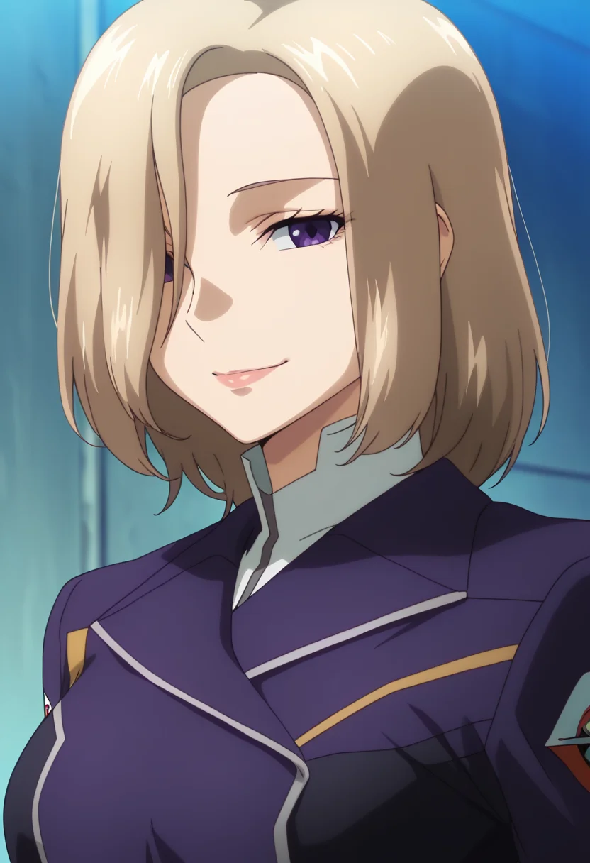 masterpiece, best quality, amazing quality, very aesthetic, absurdres, newest, illustration, perfect composition, intricate details, highres, anime coloring, general, 1girl, solo, (portrait:1.2), rinxx, mature female, purple eyes, blonde hair, short hair, hair over one eye, lips, medium breasts, rinuniform, two-tone jacket, purple military jacket, white collared shirt, long sleeves, emblem, looking at viewer, smile, outdoors, shiny body, shiny skin, skindentation, clear skin, shiny hair, ultra detailed eyes, depth of field, sharp, intricate details, hyperdetailed, ultra-detailed, detailed clothing folds, high contrast, dynamic light <lora:Suzukaze_Rin_Majestic_Prince_ill:1>
