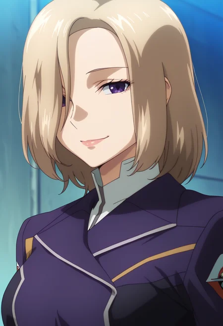 masterpiece, best quality, amazing quality, very aesthetic, absurdres, newest, illustration, perfect composition, intricate details, highres, anime coloring, general, 1girl, solo, (portrait:1.2), rinxx, mature female, purple eyes, blonde hair, short hair, hair over one eye, lips, medium breasts, rinuniform, two-tone jacket, purple military jacket, white collared shirt, long sleeves, emblem, looking at viewer, smile, outdoors, shiny body, shiny skin, skindentation, clear skin, shiny hair, ultra detailed eyes, depth of field, sharp, intricate details, hyperdetailed, ultra-detailed, detailed clothing folds, high contrast, dynamic light <lora:Suzukaze_Rin_Majestic_Prince_ill:1>