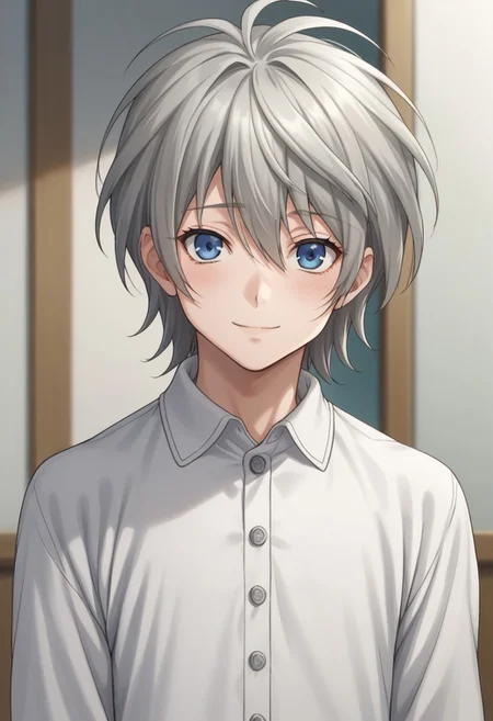 score_9, score_8_up, score_7_up, source_anime, highly detailed,
shiina, solo, blue eyes, male focus, 1boy, upper body, grey hair, standing, long sleeves, looking at viewer, blue eyes, smile, shy,
indoor, pajama shirt,