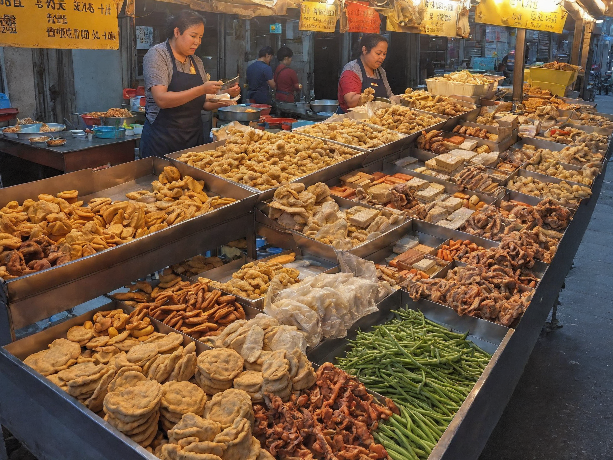 A street food , set up along a bustling sidewalk. She is actively preparing or serving food, her appearance reflecting both professionalism and beauty. The colorful and inviting stall displays a variety of local delicacies. Steam or smoke rises from the cooking equipment, adding to the ambiance. The background captures the lively street scene with pedestrians showing interest in the food. The scene should be as realistic as a high-resolution photograph, with natural lighting that highlights the vibrant colors and textures of the food, the authenticity of the street setting, and the allure of the vendor,   <lora:t9m:0.8>,night market,