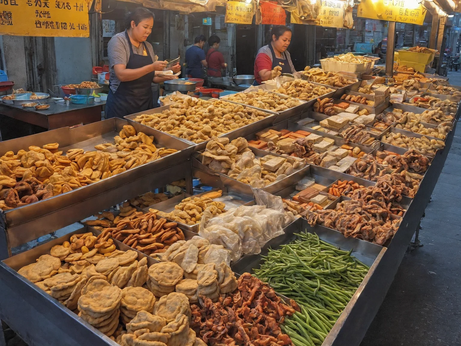 A street food , set up along a bustling sidewalk. She is actively preparing or serving food, her appearance reflecting both professionalism and beauty. The colorful and inviting stall displays a variety of local delicacies. Steam or smoke rises from the cooking equipment, adding to the ambiance. The background captures the lively street scene with pedestrians showing interest in the food. The scene should be as realistic as a high-resolution photograph, with natural lighting that highlights the vibrant colors and textures of the food, the authenticity of the street setting, and the allure of the vendor, <lora:t9m:0.8>,night market,