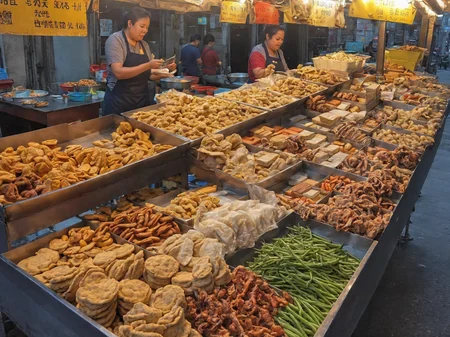 A street food , set up along a bustling sidewalk. She is actively preparing or serving food, her appearance reflecting both professionalism and beauty. The colorful and inviting stall displays a variety of local delicacies. Steam or smoke rises from the cooking equipment, adding to the ambiance. The background captures the lively street scene with pedestrians showing interest in the food. The scene should be as realistic as a high-resolution photograph, with natural lighting that highlights the vibrant colors and textures of the food, the authenticity of the street setting, and the allure of the vendor,   <lora:t9m:0.8>,night market,