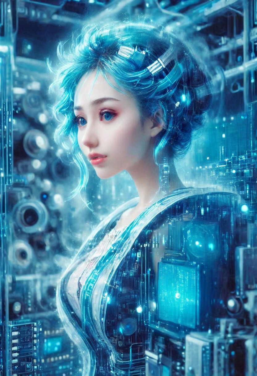 double exposure of opera diva Hatsune Miku with long floating blue twintails singing high note merging with a printed circuit board of Yamaha electronics chip processor, <lora:DoubleExposure:1>, (head:1.8), <lora:The Phantom of the Opera style:1.5> The Phantom of the Opera style, <lora:loraeyesxl:0.4>