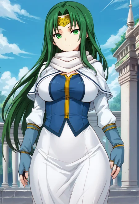score_9, score_8_up, score_7_up, score_9, score_8_up, score_7_up,Masterpiece,HD,(((HD quality))), (((ultra quality))), hyper ultra detailed, hyper ultra quality,solo,
<lora:StS_PonyXL_Detail_Slider_v1.4_iteration_3:3>,
Background simple,, anime font,from below, llooking at the viewer,indoor,
1girl, detailed, perfect arms, perfect face, perfect hands ,expression of fear,
BREAK
breasts perky,curvy, waist, slim, perfect anatomy, height, tall,perfect body, large breast,
BREAK
<lora:maris-amarilis-ponyxl-lora-nochekaiser:1>,maris amarilis, long hair, green eyes, green hair, circlet,
gloves, fingerless gloves, dress, white dress, capelet, cape, scarf, white scarf, long sleeves,
