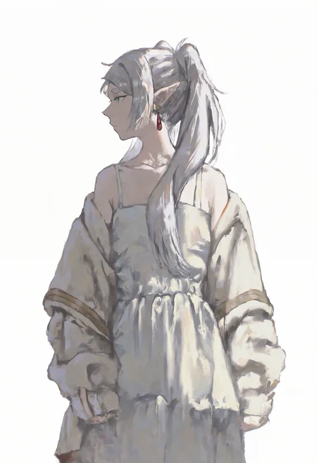 masterpiece, highres, absurdres, newest, very awa, painting (medium), wide shot, cinematic shot, 1girl, frieren, solo, jewelry, pointy ears, earrings, white background, dress, long hair, simple background, twintails, white dress, bare shoulders, white hair, off shoulder, profile, <lora:spo_sdxl_10ep_4k-data_lora_webui>, <lora:NOOB_EPSv1_1_detailer_by_vlnvk_v1_0>, <lora:noobai_ep11_stabilizer_v0.30_fp16>, <lora:shiej007>