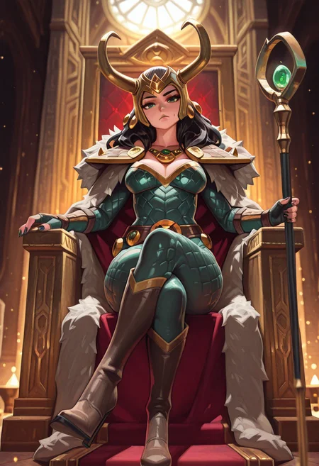 masterpiece, best quality, absurdres, highres, high quality, highly detailed,
1girl, solo, ldylki, long hair, green eyes, horned helmet, hair ornament, looking at viewer, head tilt,
breasts,
fur trim, cape, necklace, bodysuit, armor, shoulder pads, belt, fingerless gloves, nail polish, high heel boots,
dynamic angle,
sitting, crossed legs, sitting on throne, holding staff, magic,
indoors, depth of field, cinematic, palace, throne room, light rays, light particles,
no lineart, pixelsketcher,