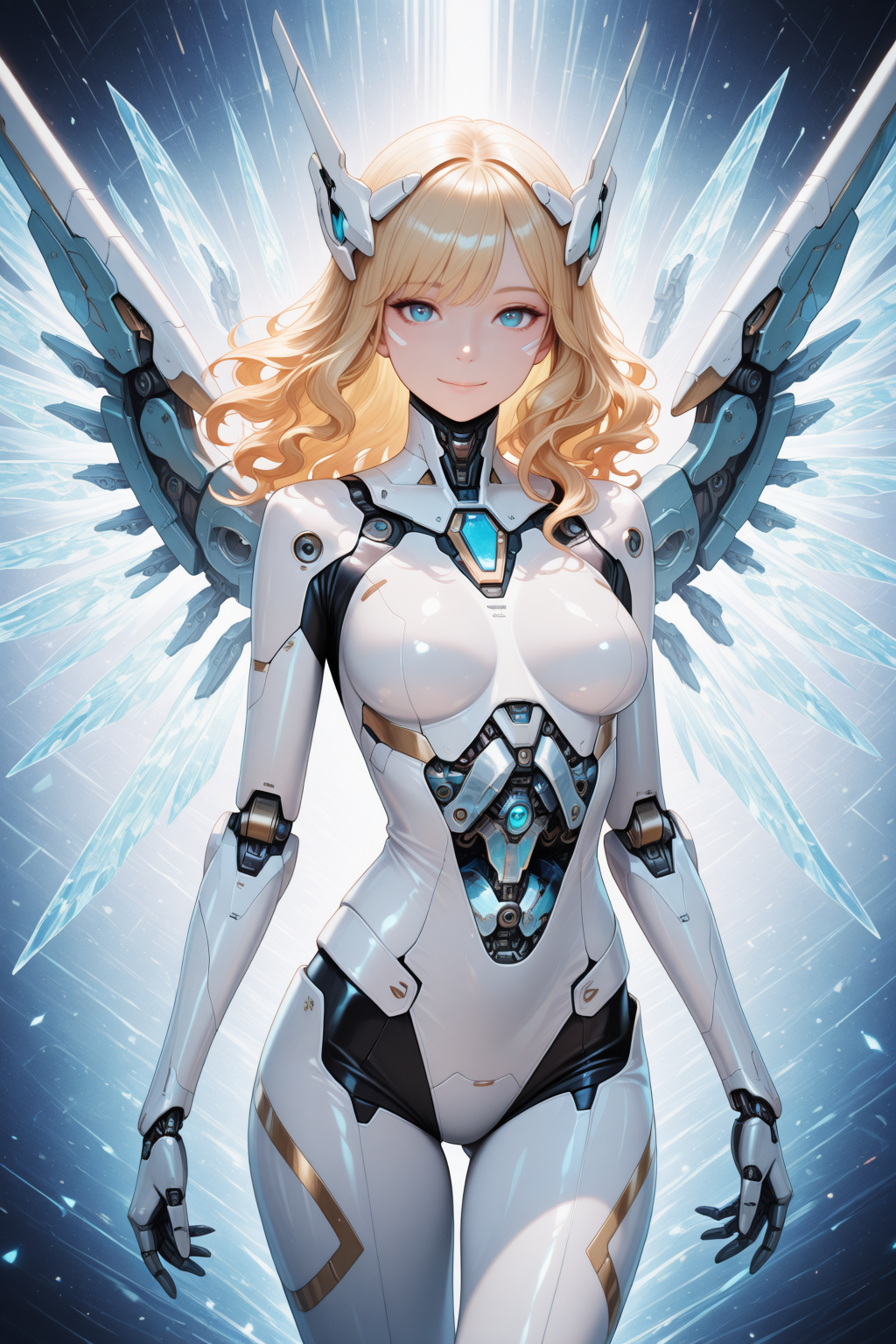 embedding:lazypos, 1girl,solo,beautiful angel,glamor,wavy hair,blue eyes,mecha headgear,perfect body,medium breasts,mecha_musume,cyberpunk,mecha wings,white body suit,sleek design,highly detailed,mechanical parts,smile, shiny skin,expressionless,closed mouth,looking at viewer,cowboy shot,crystal light,illusion effect,abstract_background,multicolored_background,banned artist <lora:TrendCraft_The_Peoples_Style_Detailer-v1.0A-3_13_2025-illustrious:0.2>