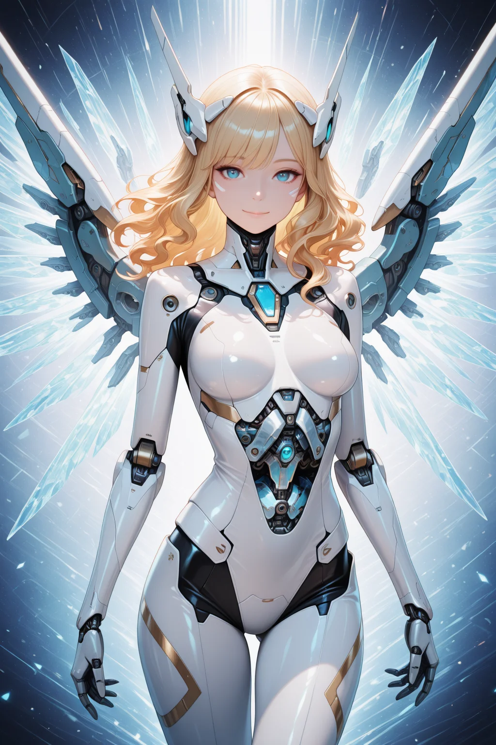 embedding:lazypos, 1girl,solo,beautiful angel,glamor,wavy hair,blue eyes,mecha headgear,perfect body,medium breasts,mecha_musume,cyberpunk,mecha wings,white body suit,sleek design,highly detailed,mechanical parts,smile, shiny skin,expressionless,closed mouth,looking at viewer,cowboy shot,crystal light,illusion effect,abstract_background,multicolored_background,banned artist <lora:TrendCraft_The_Peoples_Style_Detailer-v1.0A-3_13_2025-illustrious:0.2>