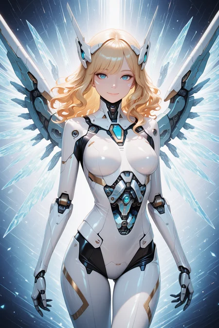 embedding:lazypos, 1girl,solo,beautiful angel,glamor,wavy hair,blue eyes,mecha headgear,perfect body,medium breasts,mecha_musume,cyberpunk,mecha wings,white body suit,sleek design,highly detailed,mechanical parts,smile, shiny skin,expressionless,closed mouth,looking at viewer,cowboy shot,crystal light,illusion effect,abstract_background,multicolored_background,banned artist <lora:TrendCraft_The_Peoples_Style_Detailer-v1.0A-3_13_2025-illustrious:0.2>