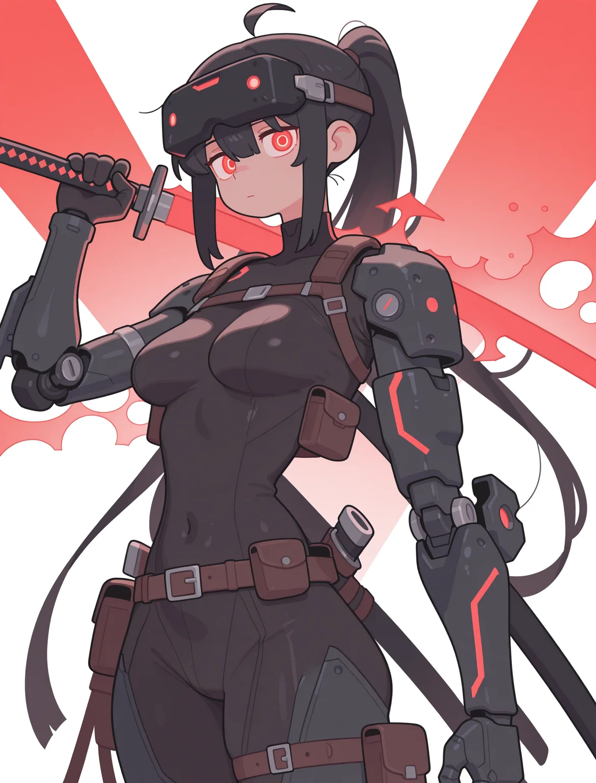 1girl, solo, breasts, looking_at_viewer, blush, short_hair, bangs, blue_eyes, simple_background, black_hair, red_eyes, white_background, holding, cleavage, medium_breasts, closed_mouth, standing, weapon, cowboy_shot, belt, sword, medium_hair, holding_weapon, armor, aqua_eyes, bodysuit, glowing, headgear, headphones, holding_sword, katana, sheath, skin_tight, science_fiction, dual_wielding, pouch, black_bodysuit, mecha_musume, cable, over_shoulder, mechanical_arms, cyborg, harness, weapon_over_shoulder, cyberpunk, sword_over_shoulder