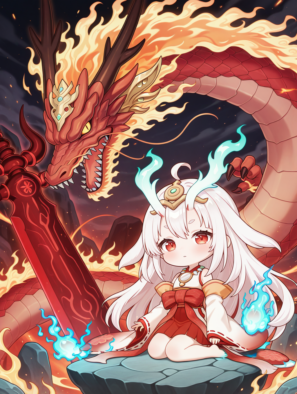 oni girl, kurikara divincarnate, 1girl, red eastern dragon, floating rock, chibi, looking at viewer, solo, short eyebrows, parted lips, barefoot, blush, closed mouth, sleeves past wrists, sharp teeth, teeth, white ribbon-trimmed sleeves, white sleeveless kimono, gold headpiece, mirror necklace, red bow, red hakama, blue fire, 1other, floating gigantic sword, kneeling
masterpiece,best quality,amazing quality,very aesthetic,absurdres,newest,<lora:Kurikara Divincarnate illuXL v1:0.84>,