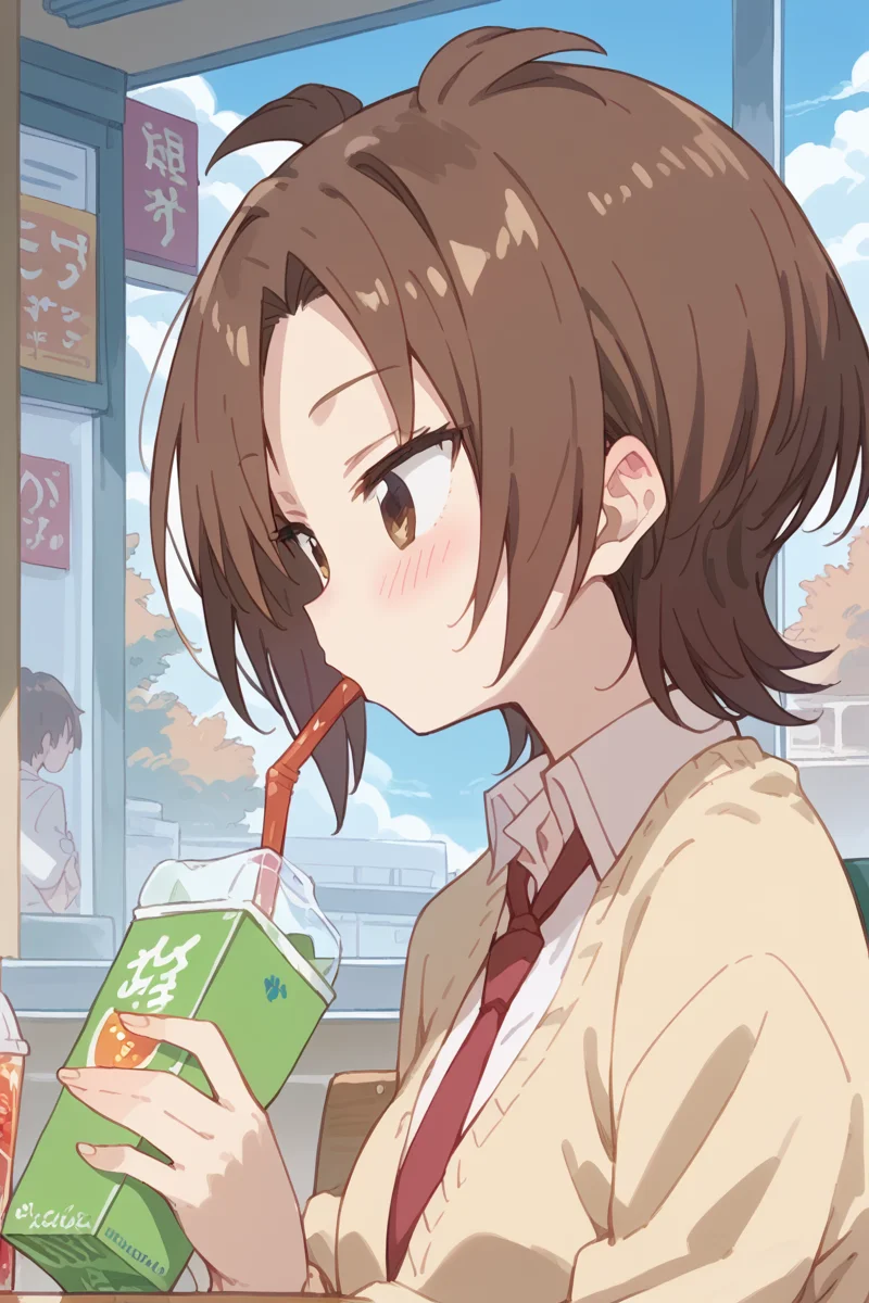 score_9, score_8_up, score_7_up, score_6_up,
<lora:Yuzu_Iizuka:1> yuzu, juice box, brown hair, brown eyes, school uniform, drinking, necktie, blush, drinking straw, solo focus, red necktie, shirt, 1girl, short hair