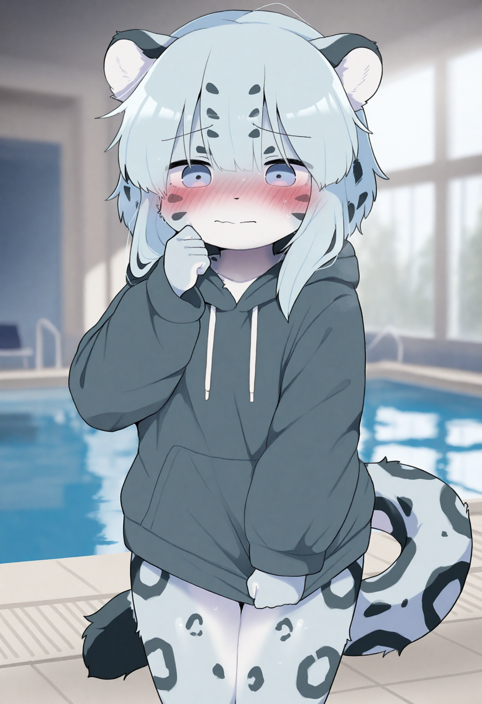 1girl,furry female,anthro,yuki-chan,leopard girl,leopard ears,leopard tail,snow leopard,leopard print,animal nose,multicolored fur,blue fur,white fur,body fur,light blue hair,multicolored hair,facial mark,flat chest,
(dagasistyle:0.8),(rememx:0.8),solo,indoors,pool,poolside,
standing,hand up,
embarrassed,shy,blush,closed mouth,
hoodie,long hoodie,
masterpiece,best quality,highres,absurdres,newest,very awa,uncensored,