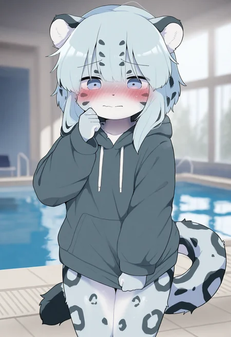1girl,furry female,anthro,yuki-chan,leopard girl,leopard ears,leopard tail,snow leopard,leopard print,animal nose,multicolored fur,blue fur,white fur,body fur,light blue hair,multicolored hair,facial mark,flat chest,
(dagasistyle:0.8),(rememx:0.8),solo,indoors,pool,poolside,
standing,hand up,
embarrassed,shy,blush,closed mouth,
hoodie,long hoodie,
masterpiece,best quality,highres,absurdres,newest,very awa,uncensored,
