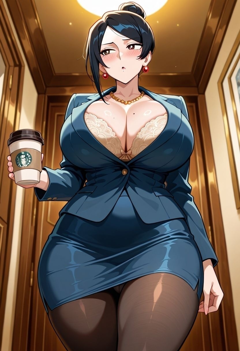 masterpiece,best quality,anime coloring,anime screenshot,
<lra:bra_peek:1>bra_peekV1,
1girl,pantyhose, blush, solo,
skirt,panties,  bra peek,from below, 
panty shot,  walking, sexy pose, looking away,
holding coffee cup,
<loraTakizawa_Kyouko_Bijin_Onna_Joushi_Takizawa-san:1>,
takizawa_kyouko, mole below the left edge of the mouth, piercing brown eyes, clear eyes, bright pupils, beautiful eyes, beautiful black hair, hair bun, bangs, huge and shaggy breasts, thin waist, wide hips, beautiful skin, natural beauty, extraordinary beautiful woman, attractive woman, super sexy woman, lustful body , formal, dark blue suit jacket, beige top, obscene cleavage, huge cleavage, dark blue pencil skirt, sexy sheer black pantyhose, gold necklace, big red pearl earrings,