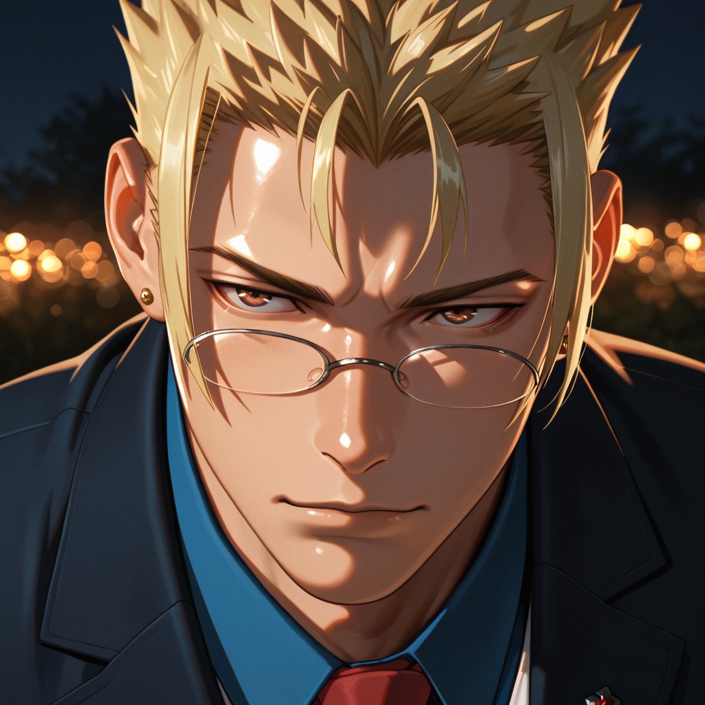 masterpiece, best quality, amazing quality, absurdres, newest, detailed background, definition so sharp, Ultra-HD, 8K cinematic, very awa, impressionate, amazing quality, highres, 
solo, male focus, manly, shadow, shiny skin, mature male, extream close-up, soft coloring,
kibasameoka, kiba_blonde, kiba_brown eyes, 1boy, short hair, spiked hair, glasses, earrings, blue blazer, blue collared shirt, red tie, white vest, bokeh, night, serene,